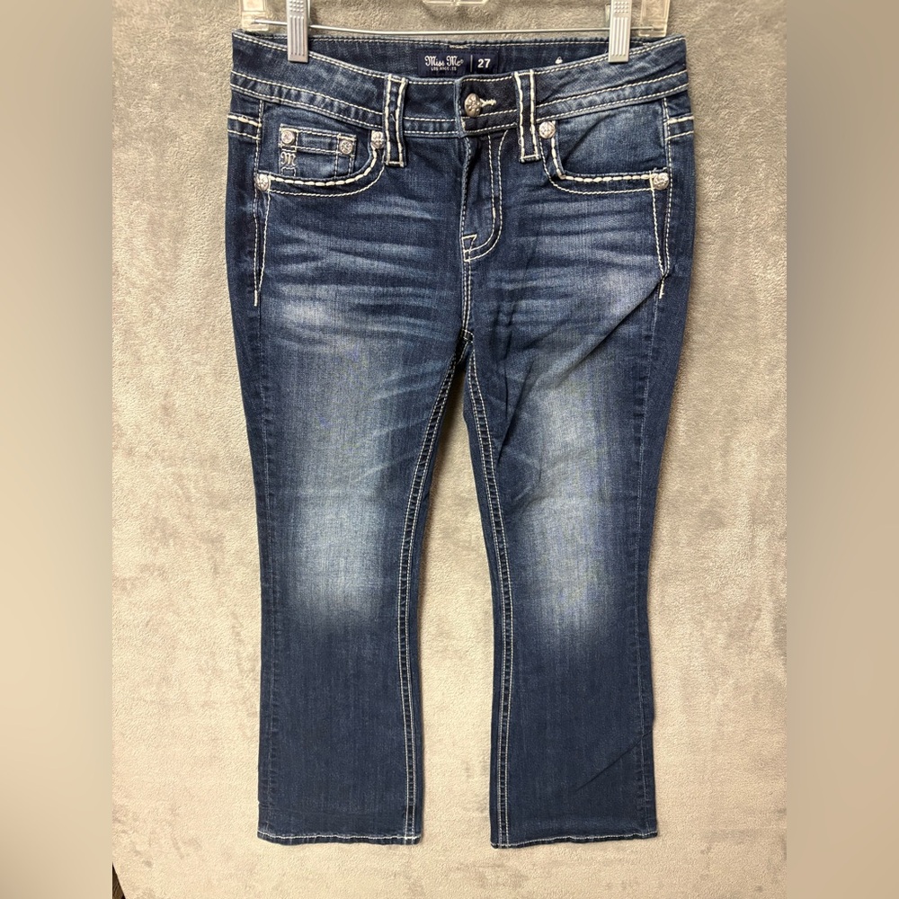 #15- Miss me women’s size 27 mid rise medium wash bootcut jeans pleather cross